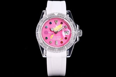 Rolex Oyster Perpetual & Phantomlab Eta2824 Movement FKM Strap Pink Face Colorful Diamond Hour Markers Watch